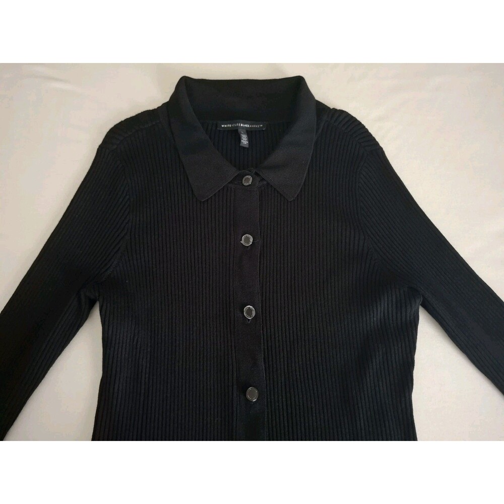 White House Black Market Black Ribbed Knit Collared Cardigan Long Sz L NWOT